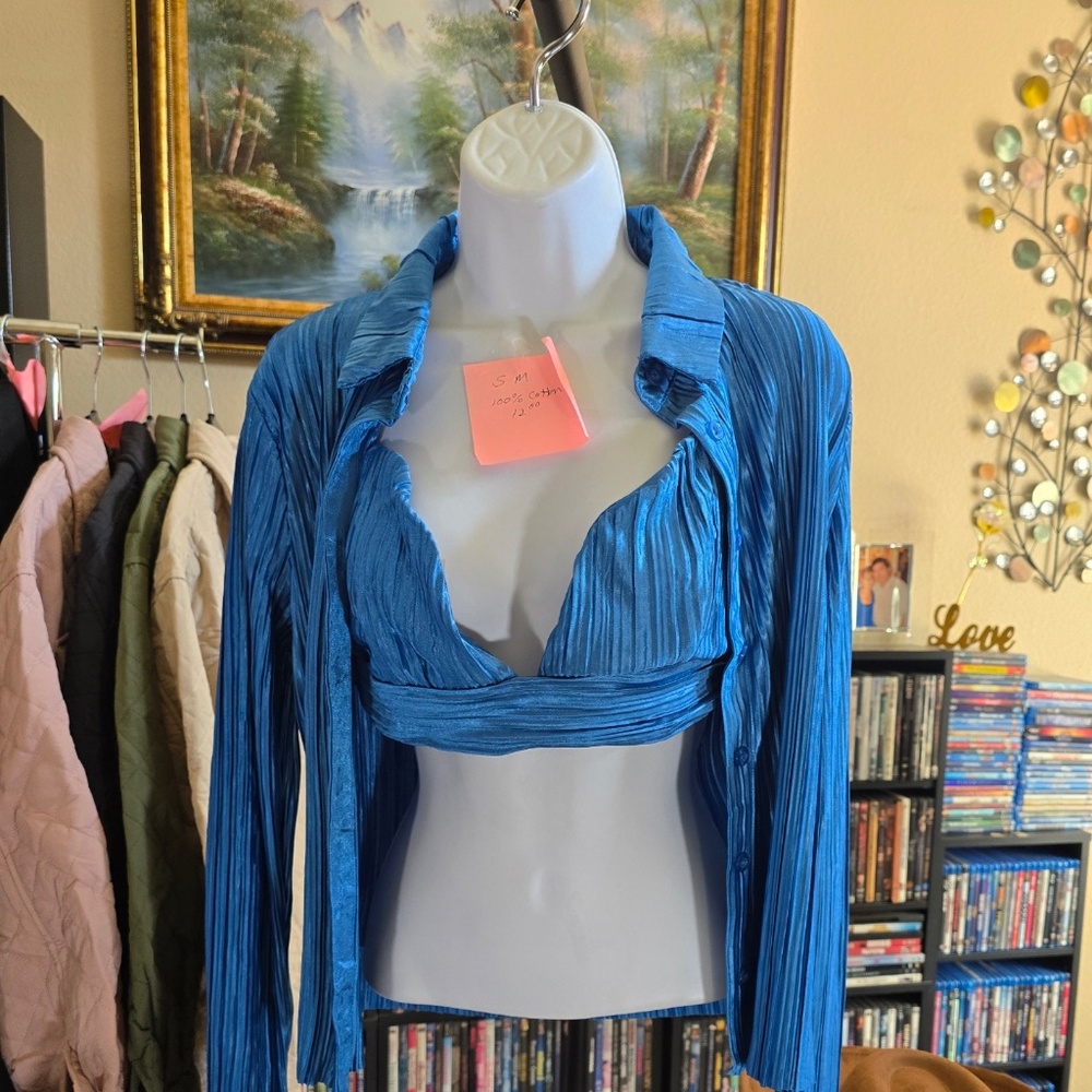 Blue Long Sleeve Button Down Blouse with Bralette